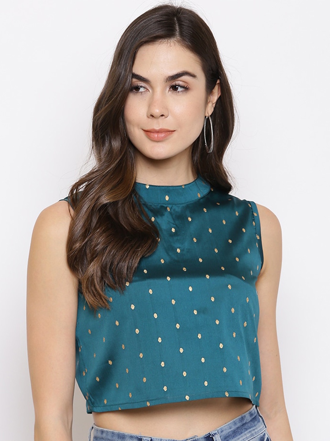 

Mayra Women Green Printed Pure Silk Regular Crop Top