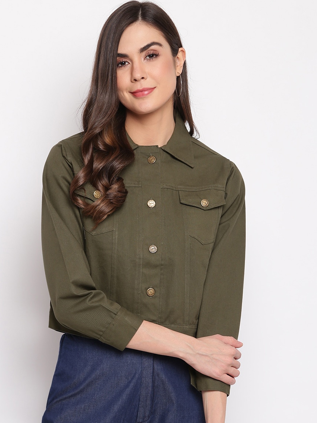 

Mayra Women Olive Green Crop Denim Jacket