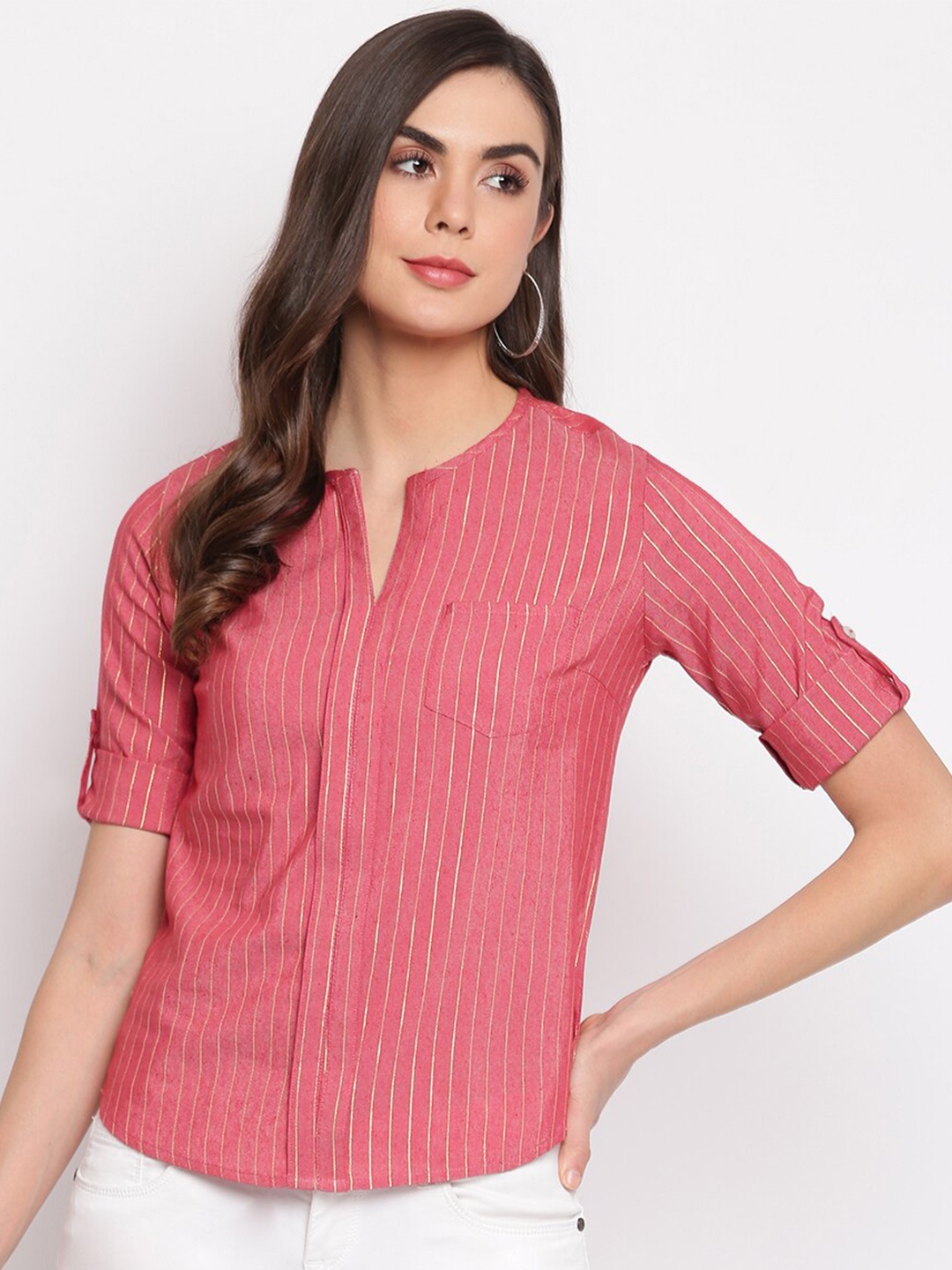 

Mayra Women Pink Striped Pure Cotton Shirt Style Top
