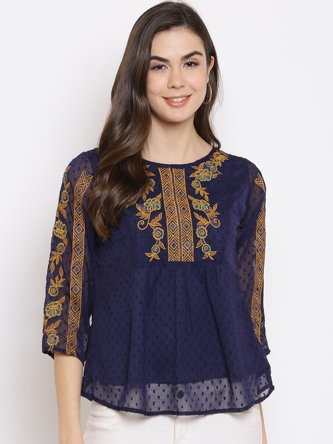 

Mayra Navy Blue Embroidered A LIne Top