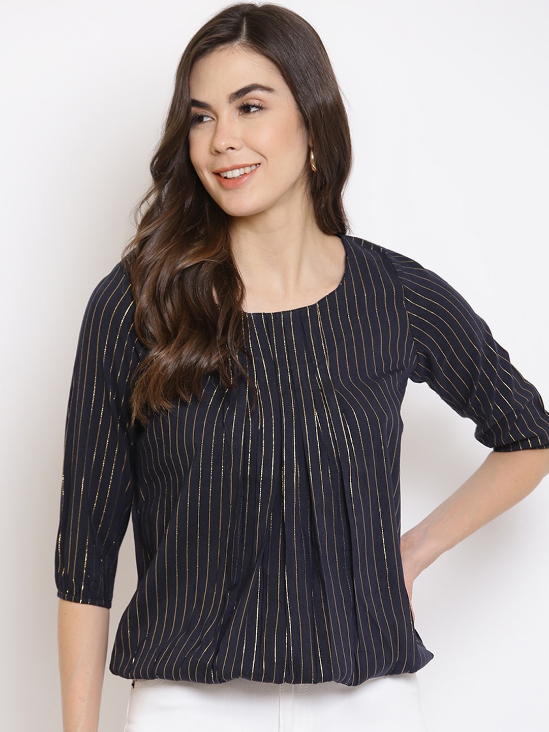

Mayra Women Black & Gold Striped Regular Top