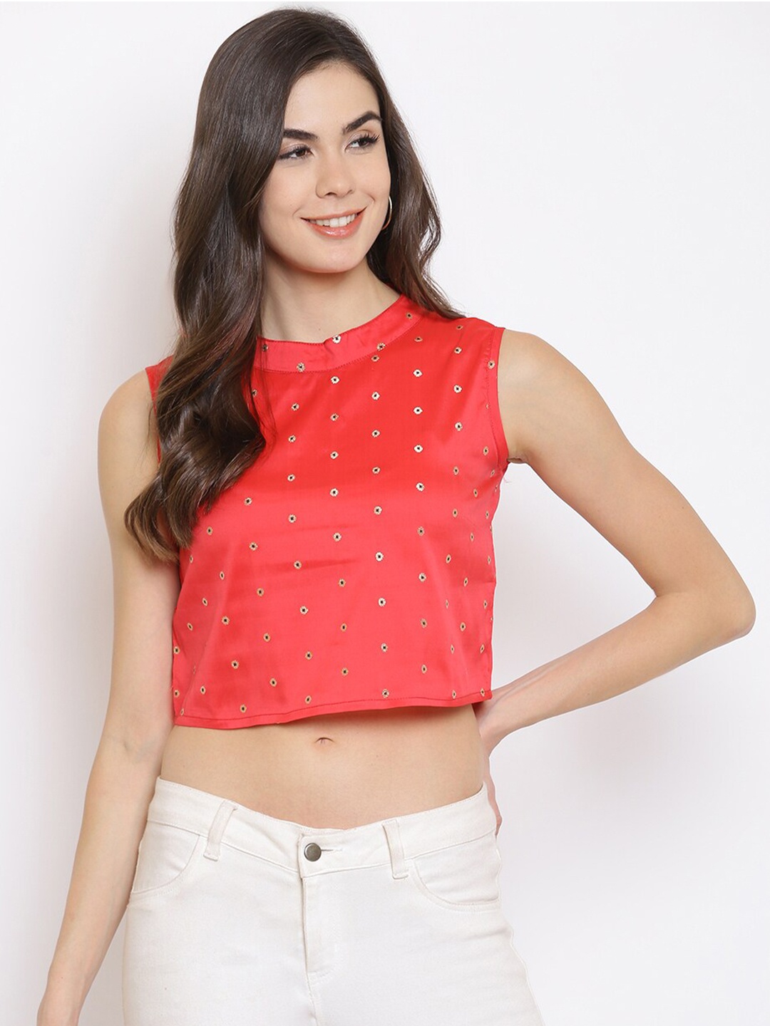 

Mayra Women Red Embellished Pure Silk Regular Crop Top