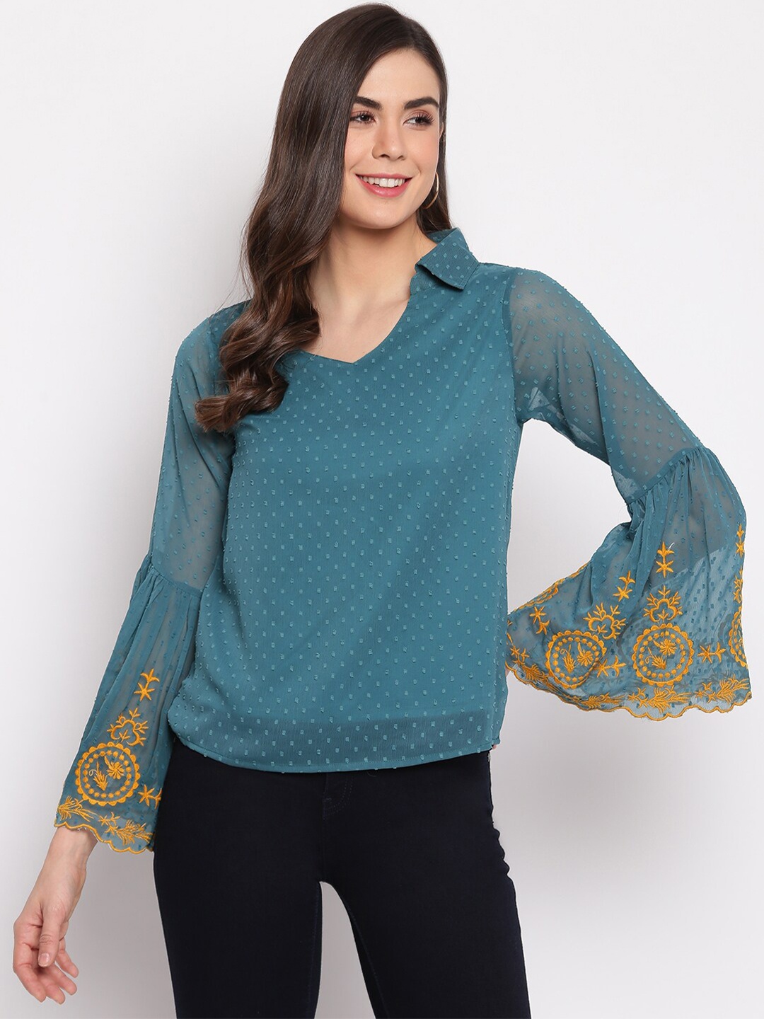 

Mayra Teal Bell Sleeve Georgette Regular Top