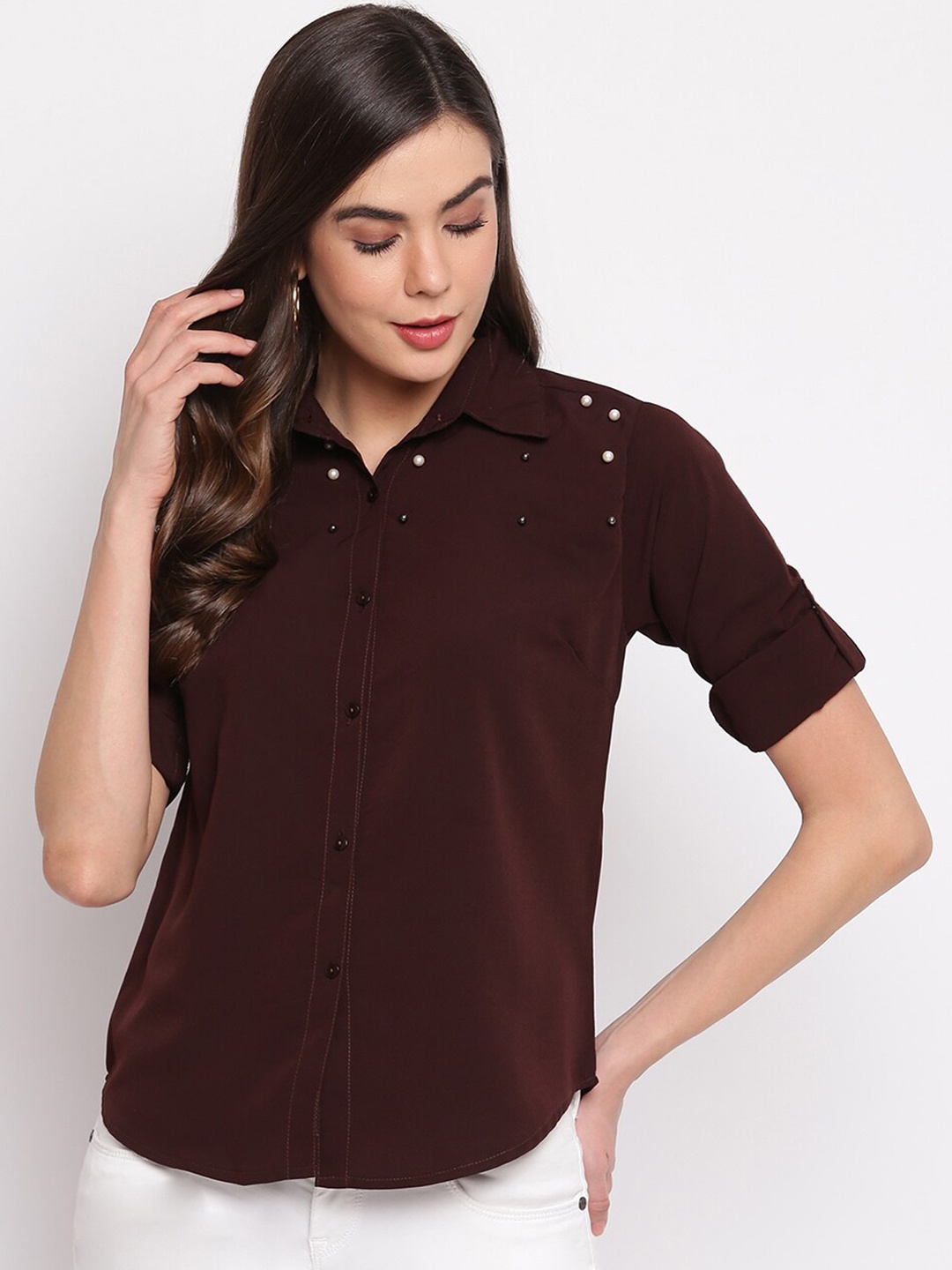 

Mayra Women Coffee Brown Embellished Slim Fit Casual Shirt