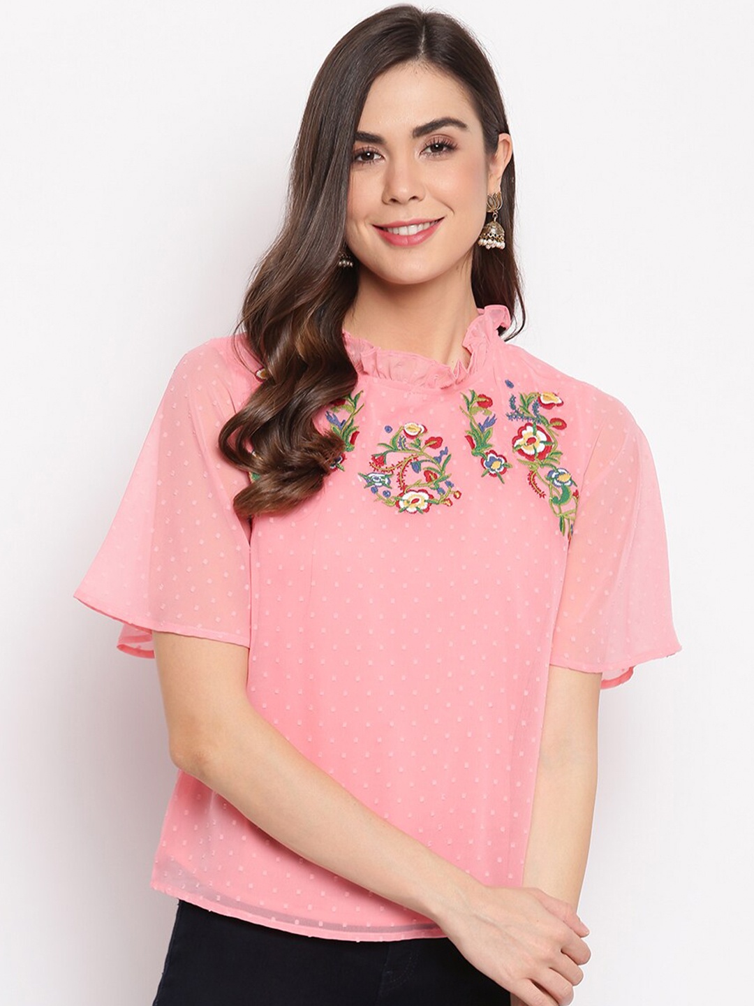 

Mayra Women Pink Embroidered Self Design Georgette Regular Top