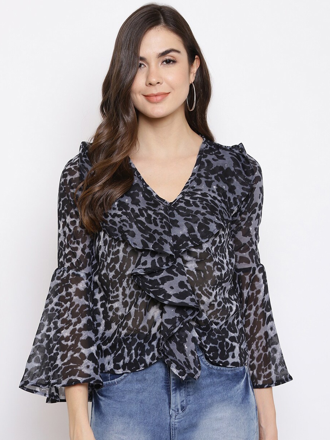 

Mayra Women Grey Animal Printed Bell Sleeve Georgette Ruffle Top