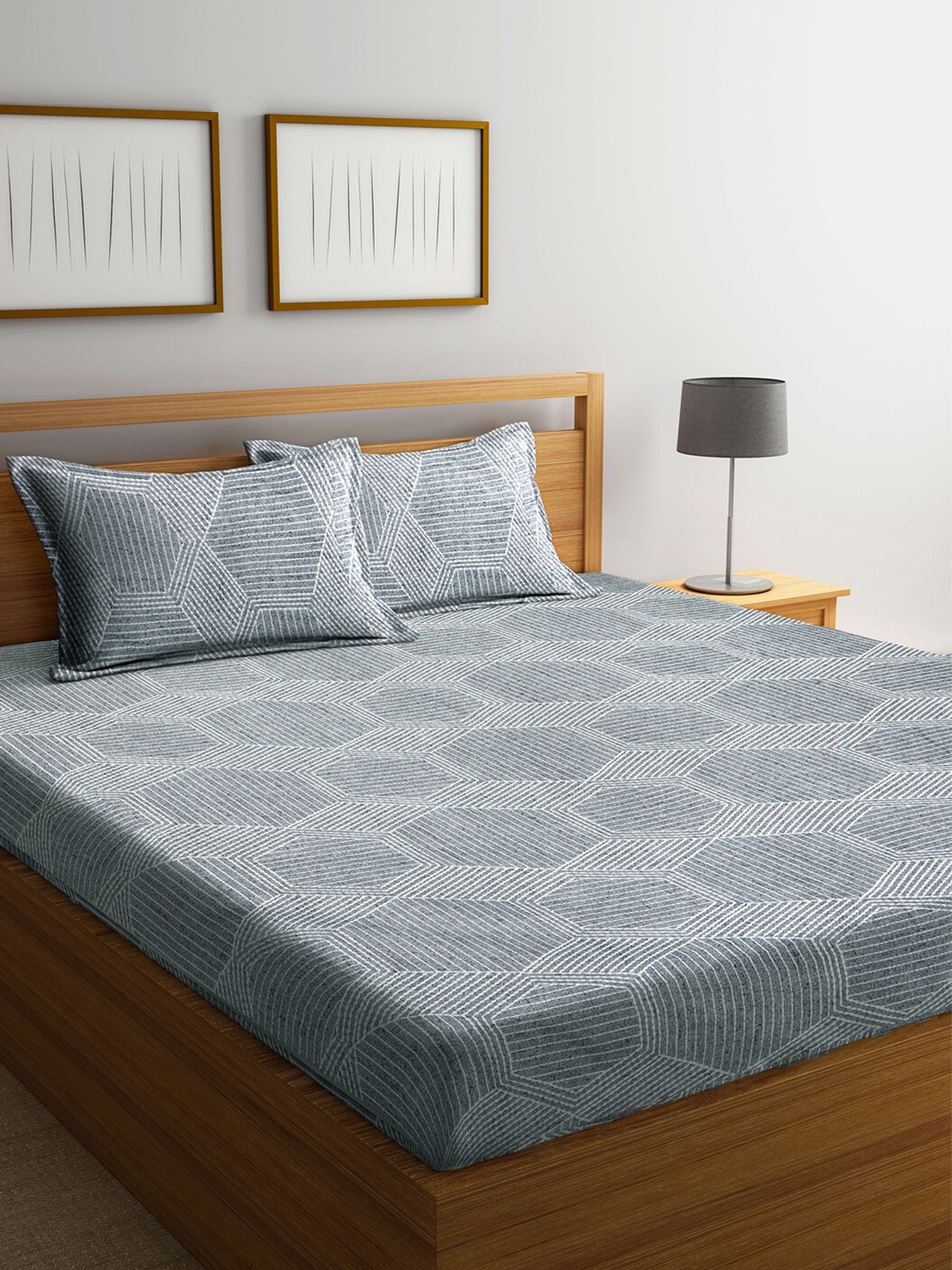 

Klotthe Grey 210 TC Striped Cotton Blend King Size Bedsheet With 2 Pillow covers