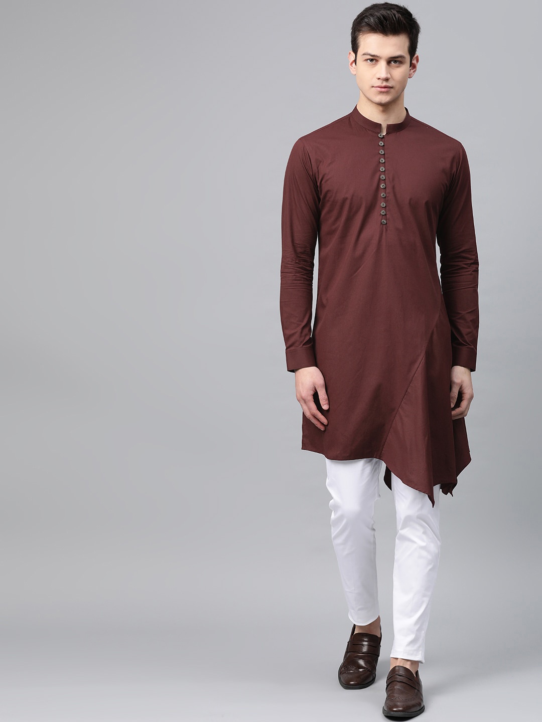 

See Designs Men Burgundy Solid Cotton Gathered Asymmetric Straight Kurta with Pyjamas