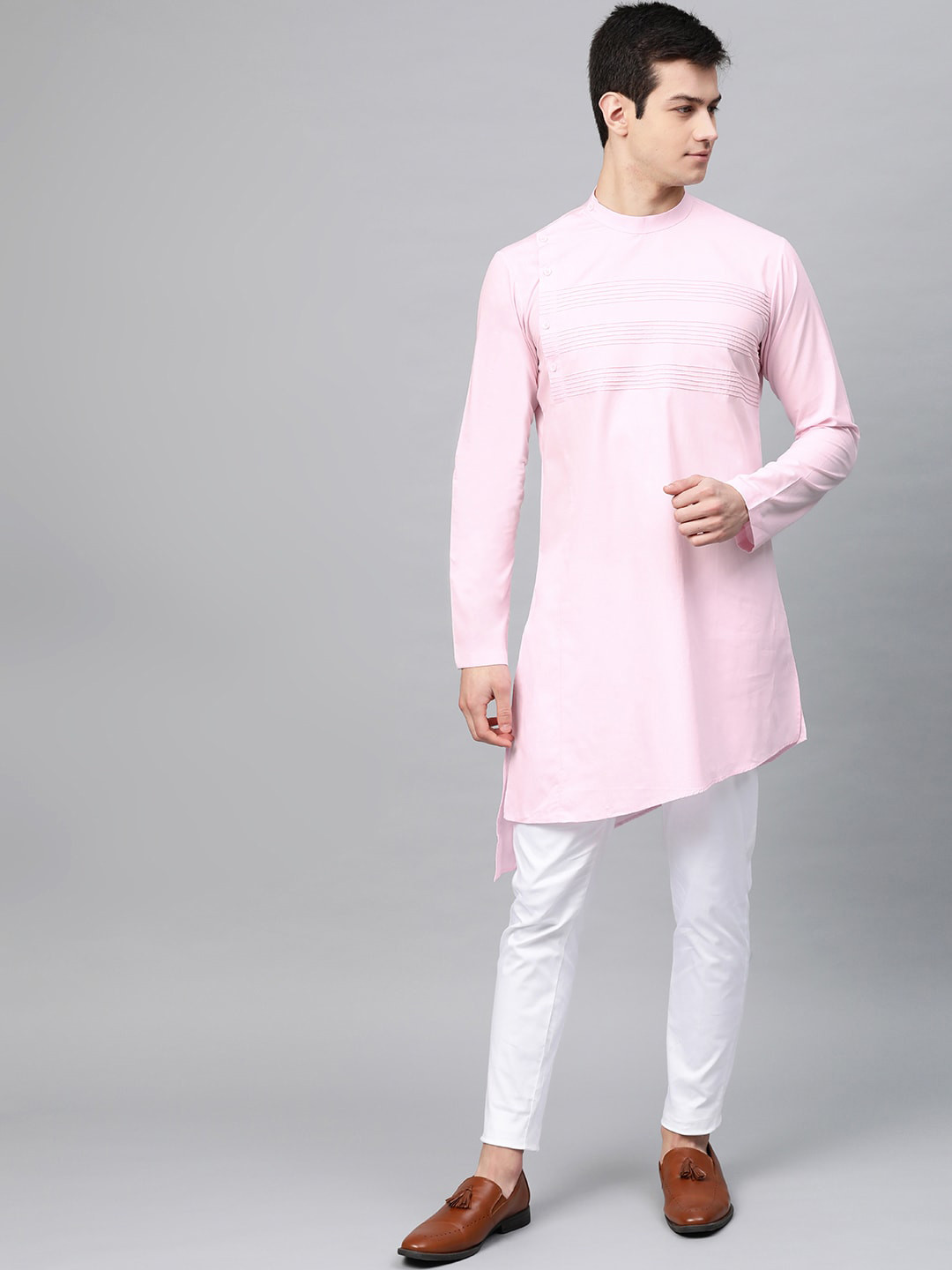 

See Designs Men Pink Yoke Thread Work Asymmetric Angrakha Cotton Kurta with Pyjamas