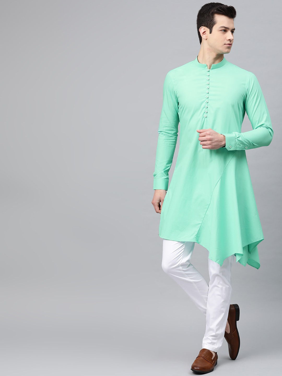 

See Designs Men Sea Green Solid Cotton Asymmetric Gathered Straight Kurta with Pyjamas