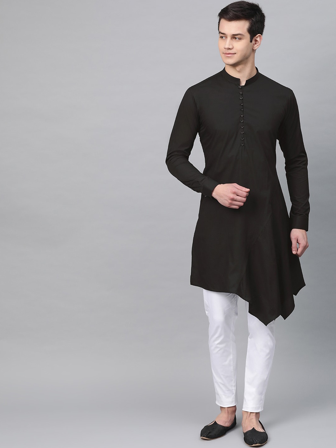 

See Designs Men Black Solid Cotton Asymmetric Gathered Straight Kurta with Pyjamas