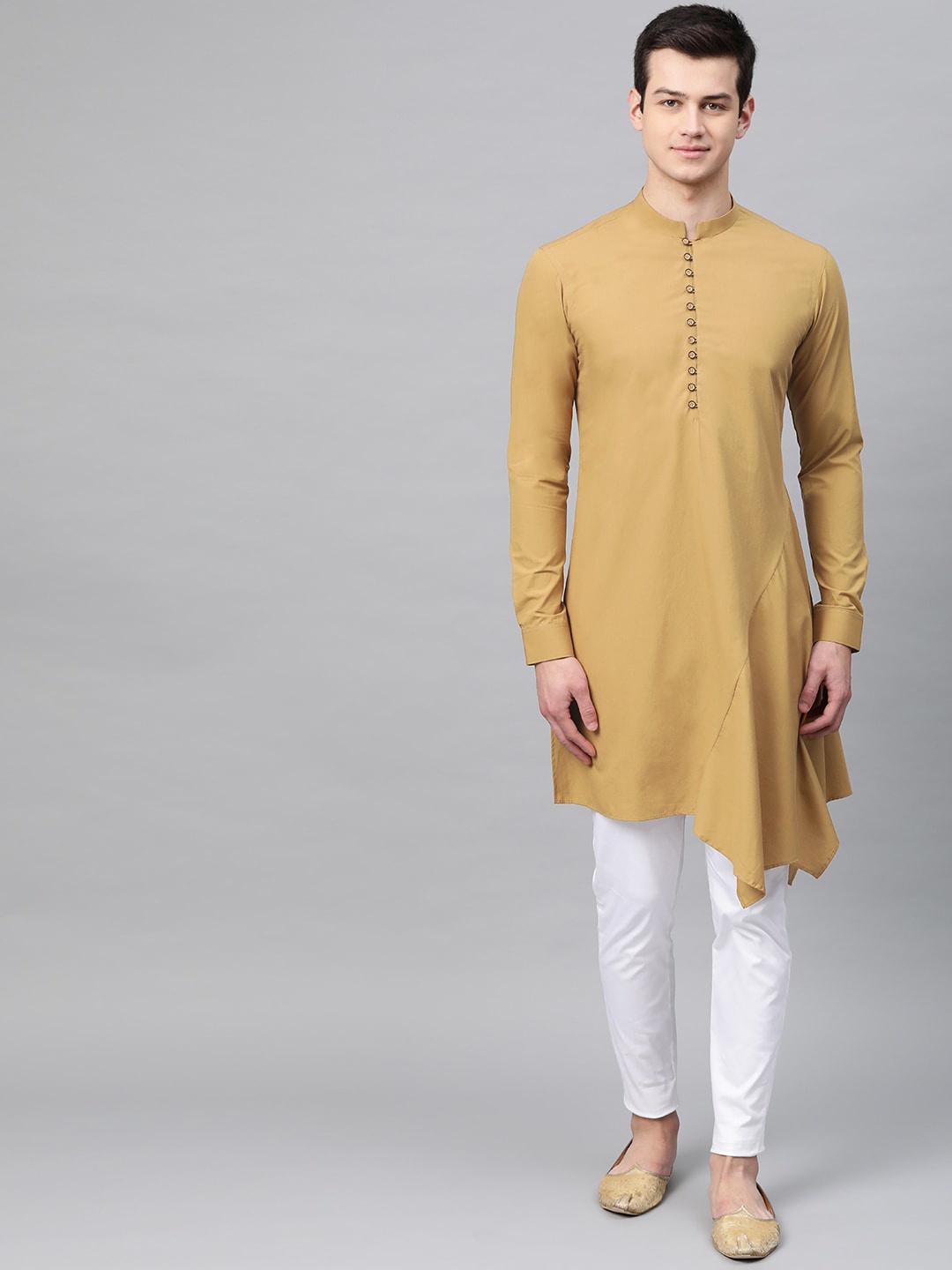 

See Designs Men Khaki Solid Cotton Asymmetric Gathered Straight Kurta with Pyjamas