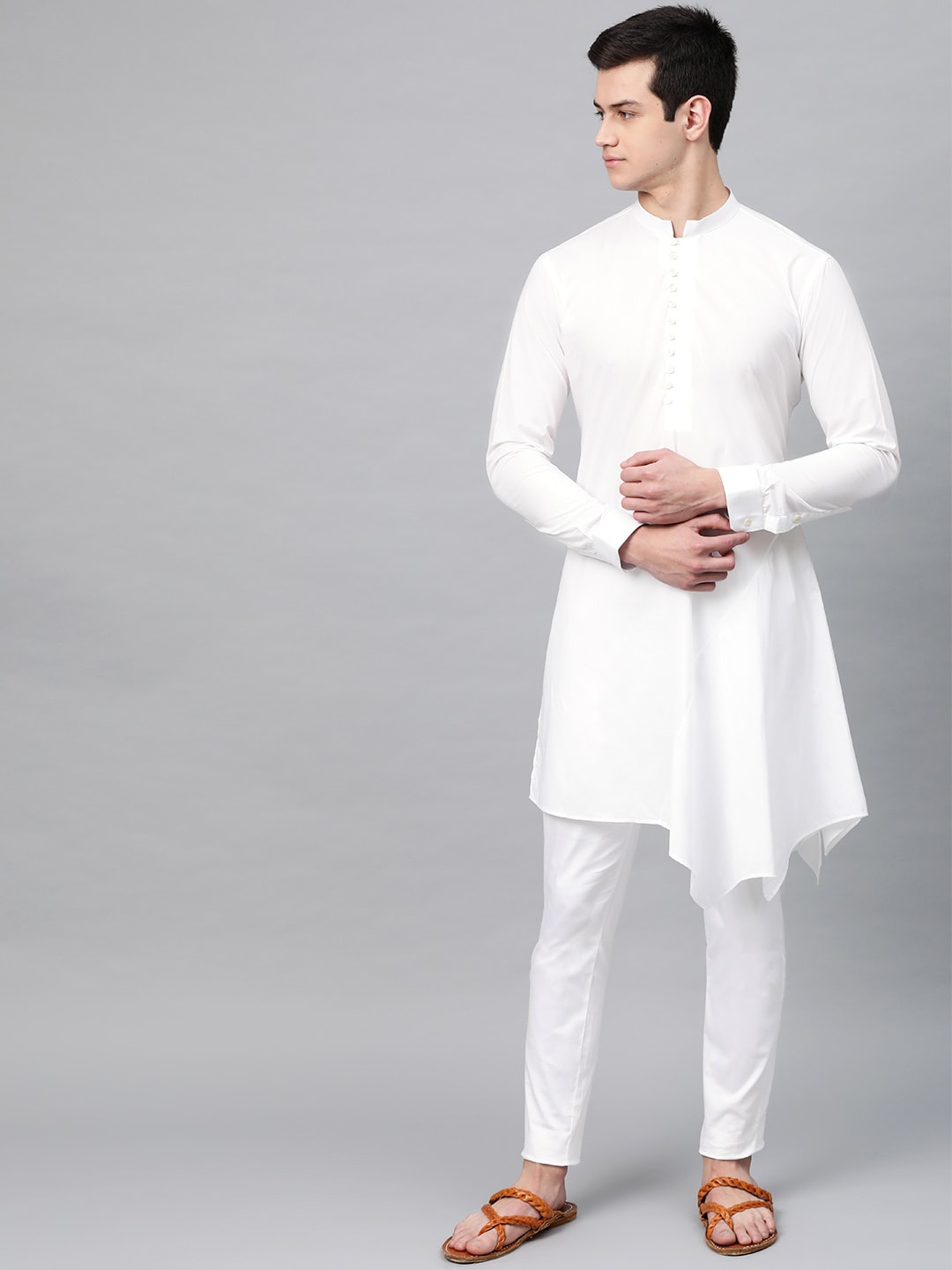 

See Designs Men White Solid Gathered Asymmetric Straight Cotton Kurta with Pyjamas