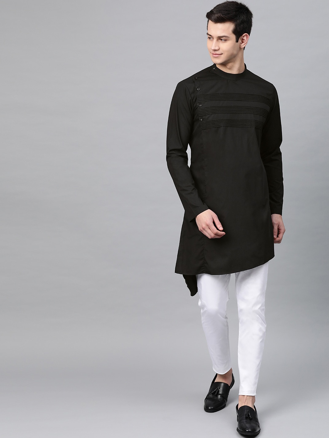 

See Designs Men Black Yoke Thread Work Cotton Asymmetric Angrakha Kurta with Pyjamas