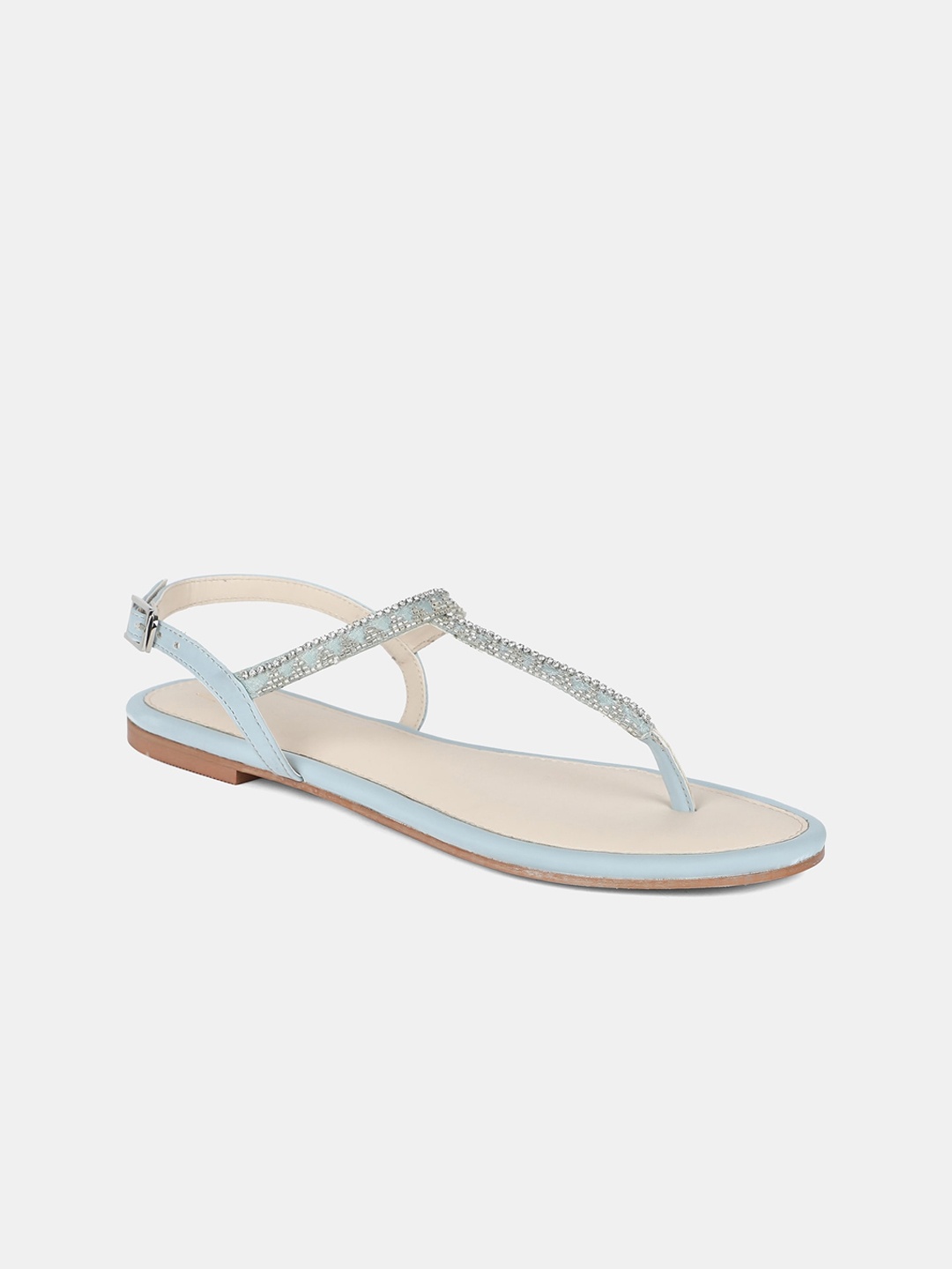 

W Women Blue Embellished T-Strap Flats
