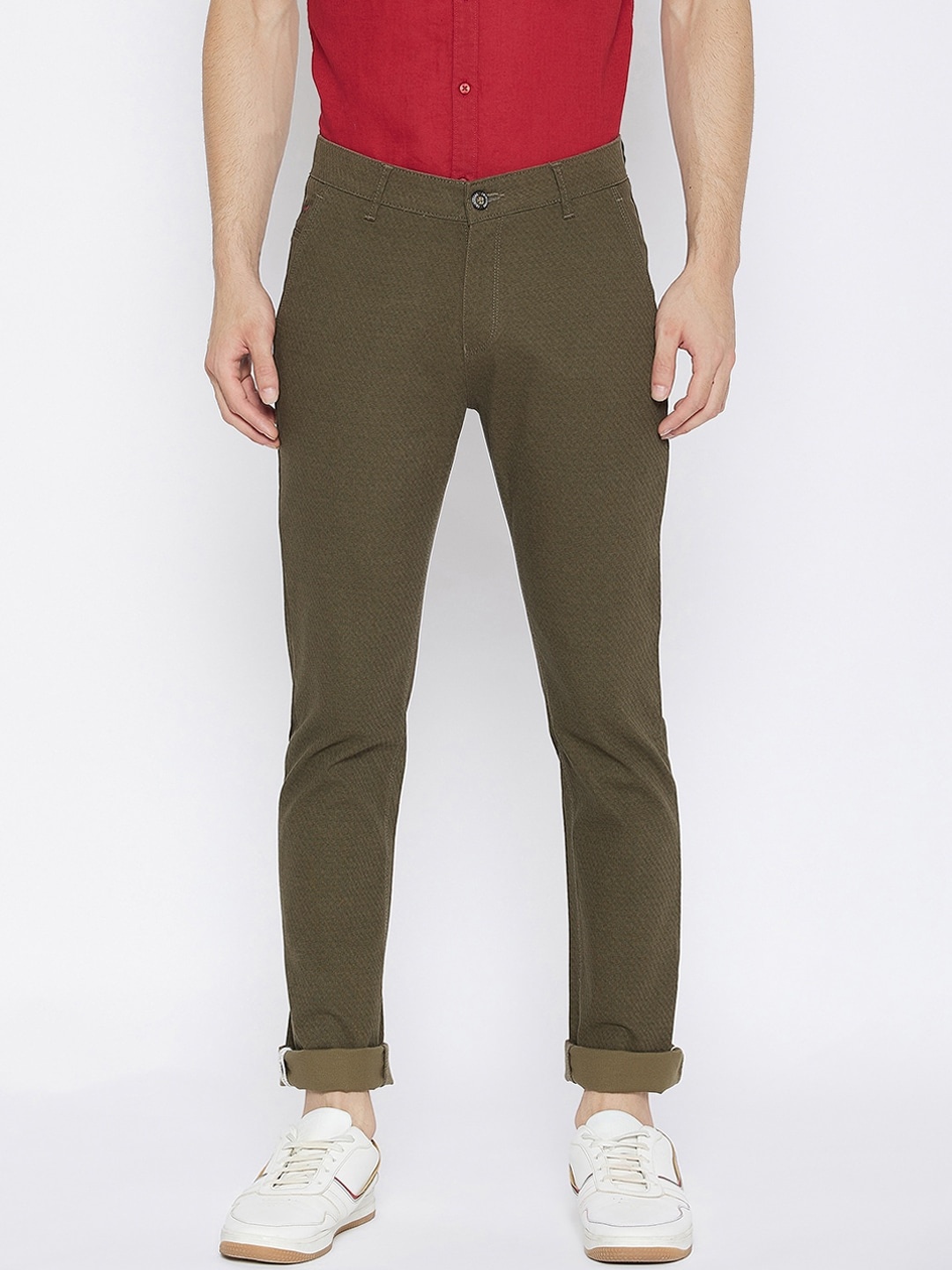 

Crimsoune Club Men Olive Green Printed Slim Fit Chinos Trousers
