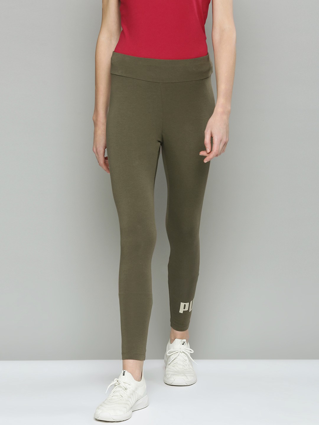 

Puma Women Olive & White Printed Essentials Logo Slim Tights