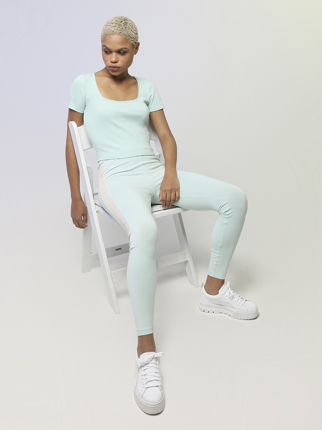 

Puma Women Blue Striped Slim Fit Ribbed T-shirt