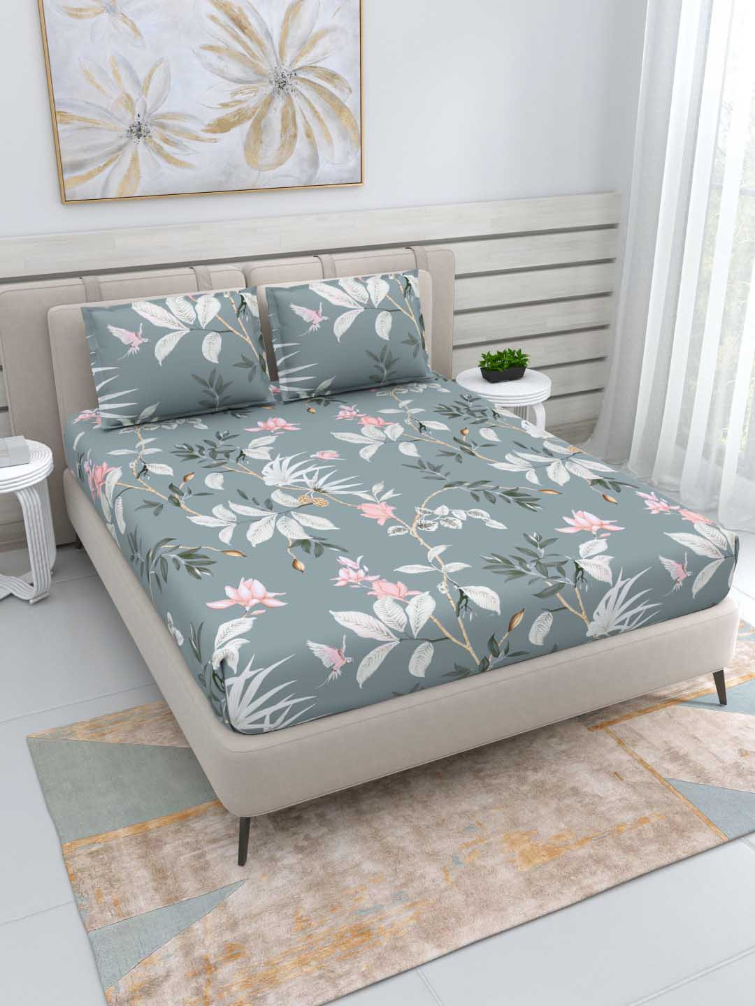 

DREAM WEAVERZ Grey 220 TC Cotton Double Queen Bedsheet with 2 Pillow Covers
