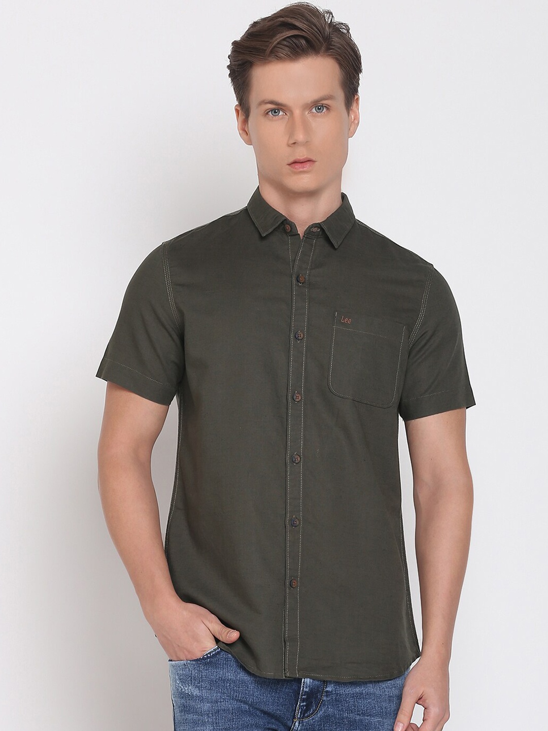 

Lee Men Olive Green Slim Fit Casual Shirt