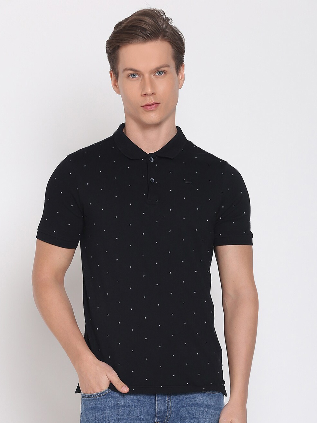 

Lee Men Black Printed Polo Collar Slim Fit T-shirt