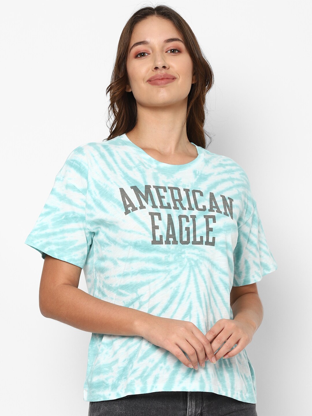 

AMERICAN EAGLE OUTFITTERS Women Turquoise Blue White Tie and Dye Printed Cotton Pure Cotton T-shirt