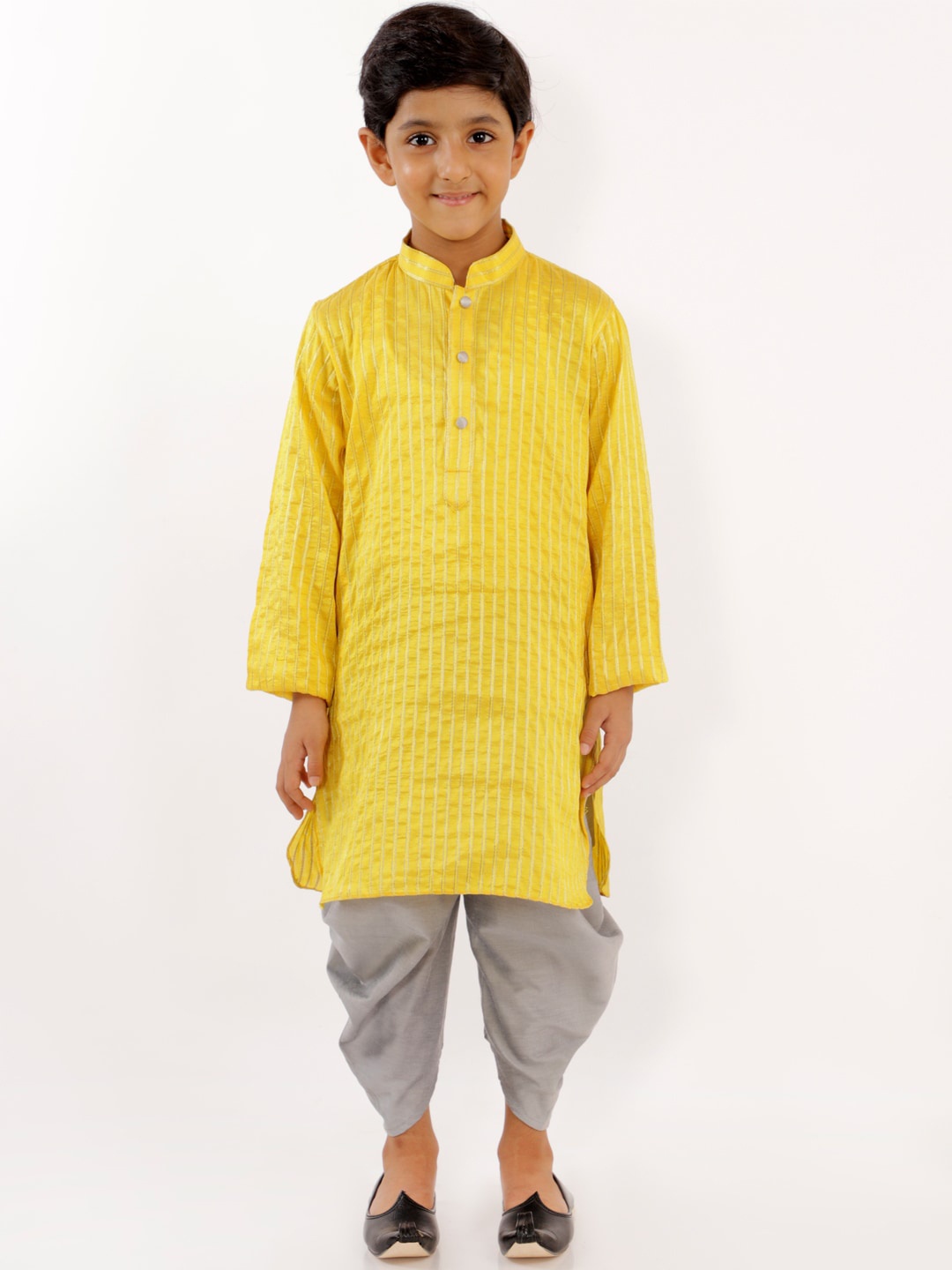 

YK Boys Yellow & Gold Striped Thread Work Straight Kurta with Dhoti Pants