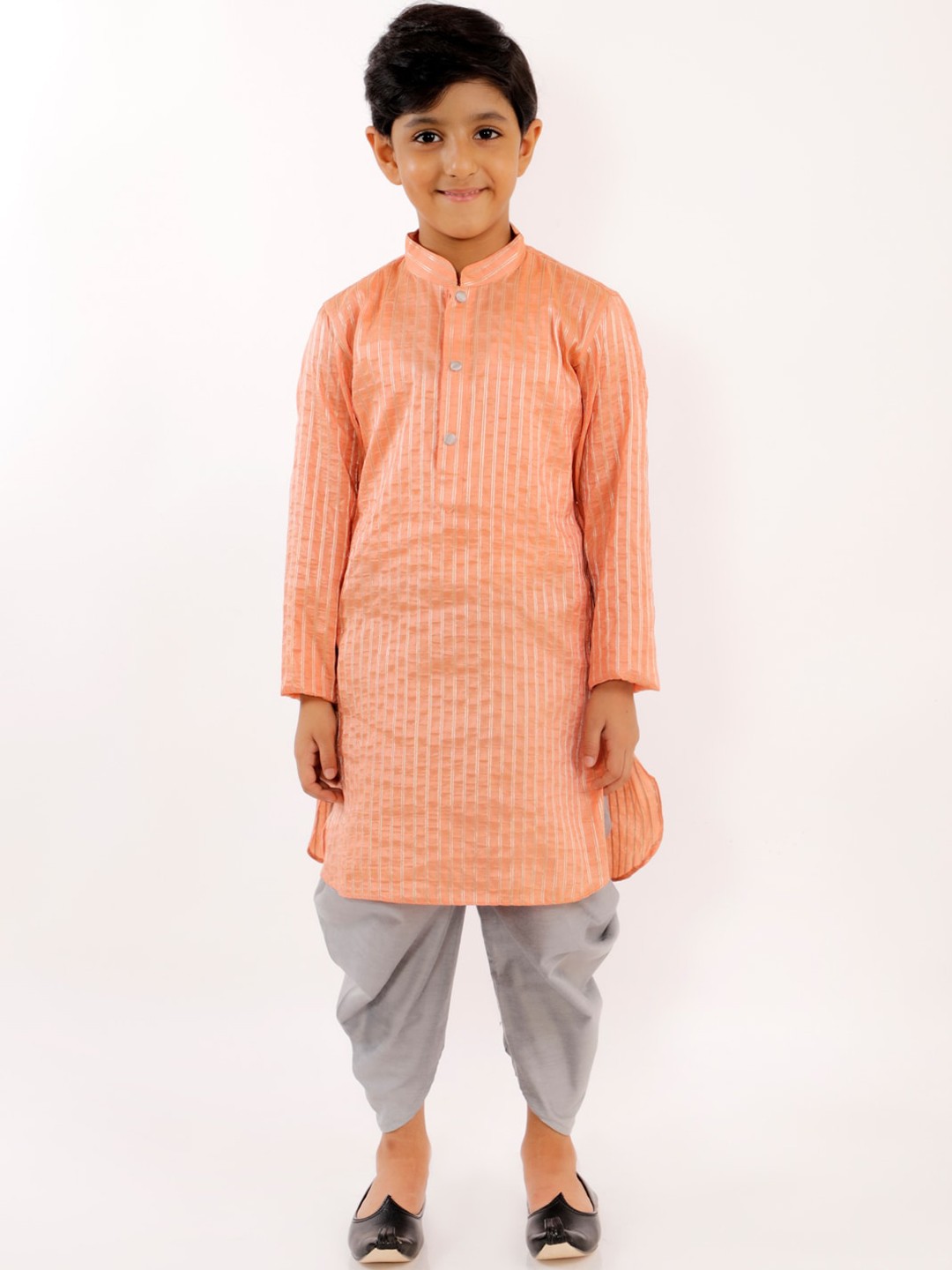 

YK Boys Pink & Grey Striped Thread Work Straight Kurta with Dhoti Pants