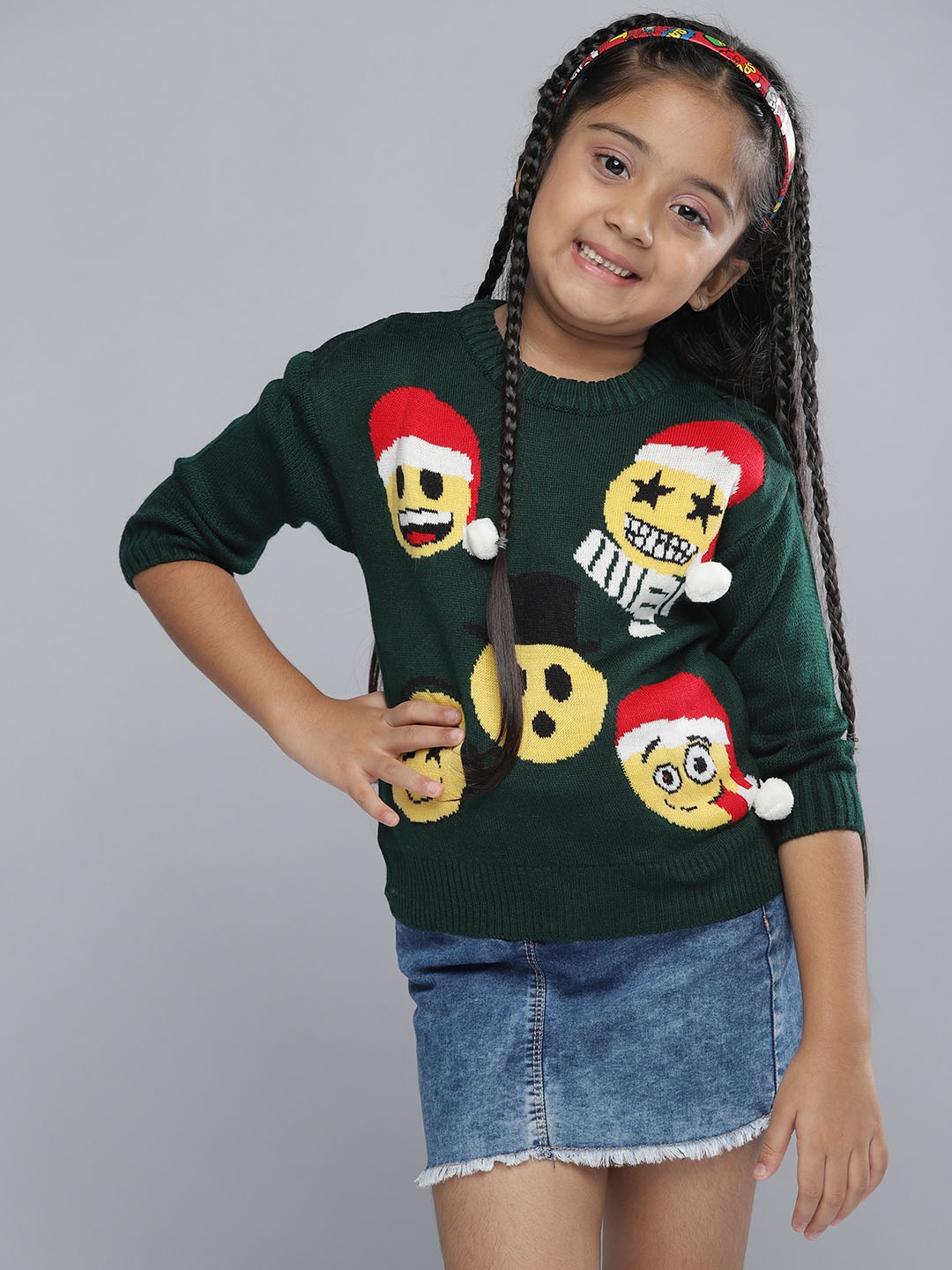 

YK emoji Girls Green & Yellow Self-Design Pullover with Pom-Pom Detail