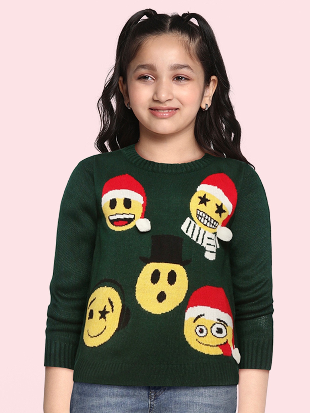 

YK emoji Girls Green & Yellow Emoji Print Pullover