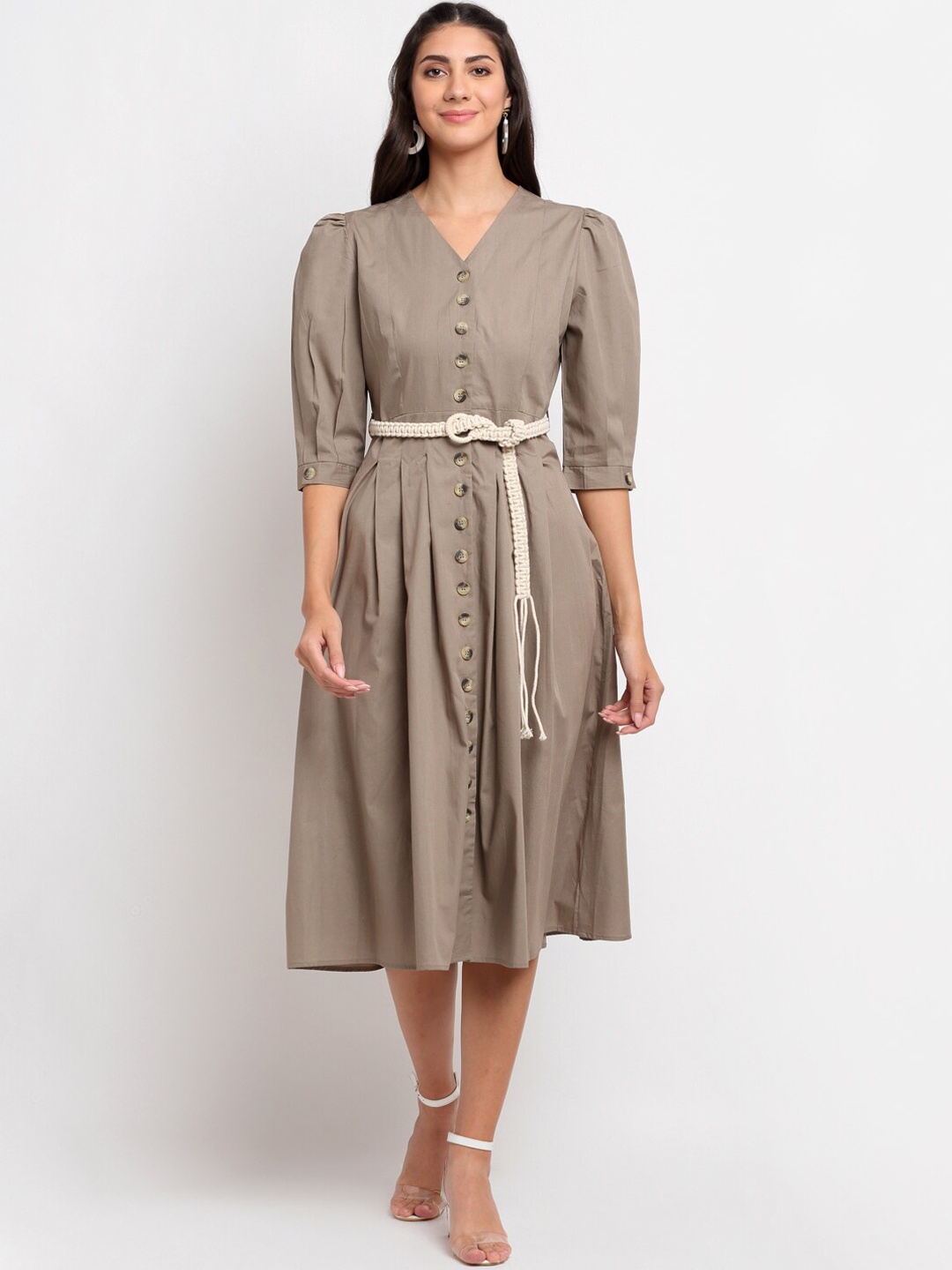 

BLANC9 Women Taupe Pleated Puff Sleeved Midi Dress