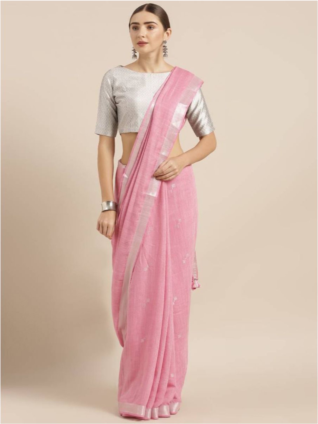 

Mirraw Pink & Silver-Toned Woven Design Zari Pure Linen Fusion Saree