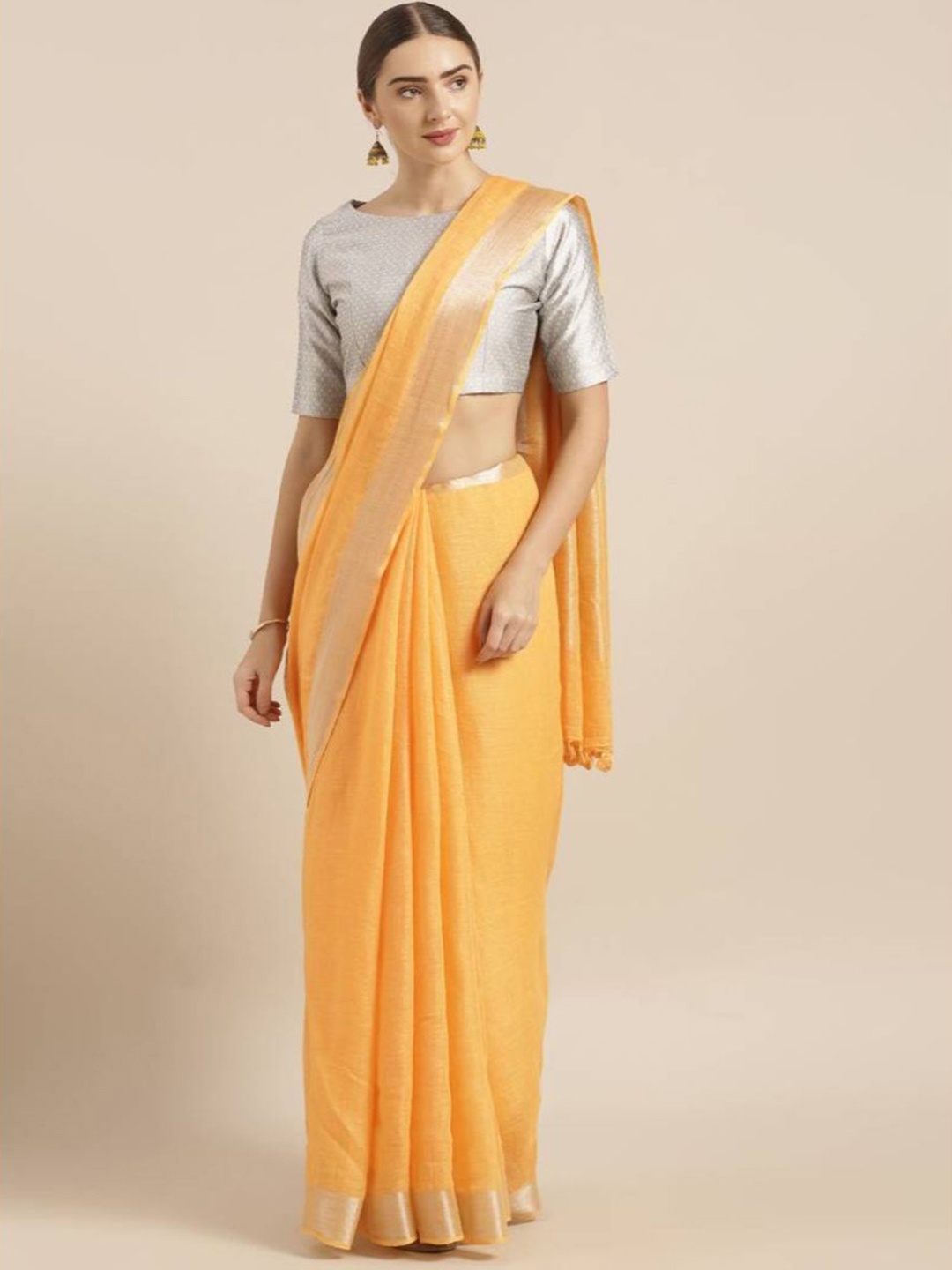 

Mirraw Orange Woven Design Zari Pure Linen Fusion Saree
