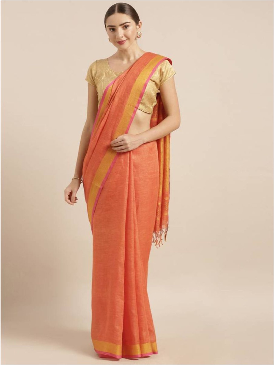 

Mirraw Orange Zari Pure Linen Fusion Saree
