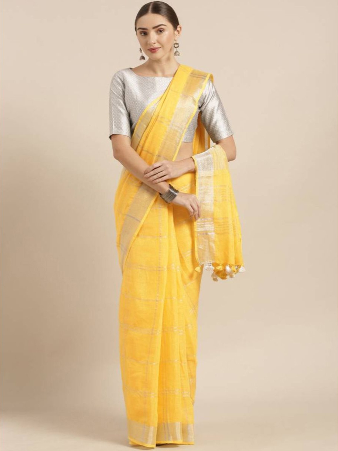 

Mirraw Yellow Checked Zari Pure Linen Fusion Saree