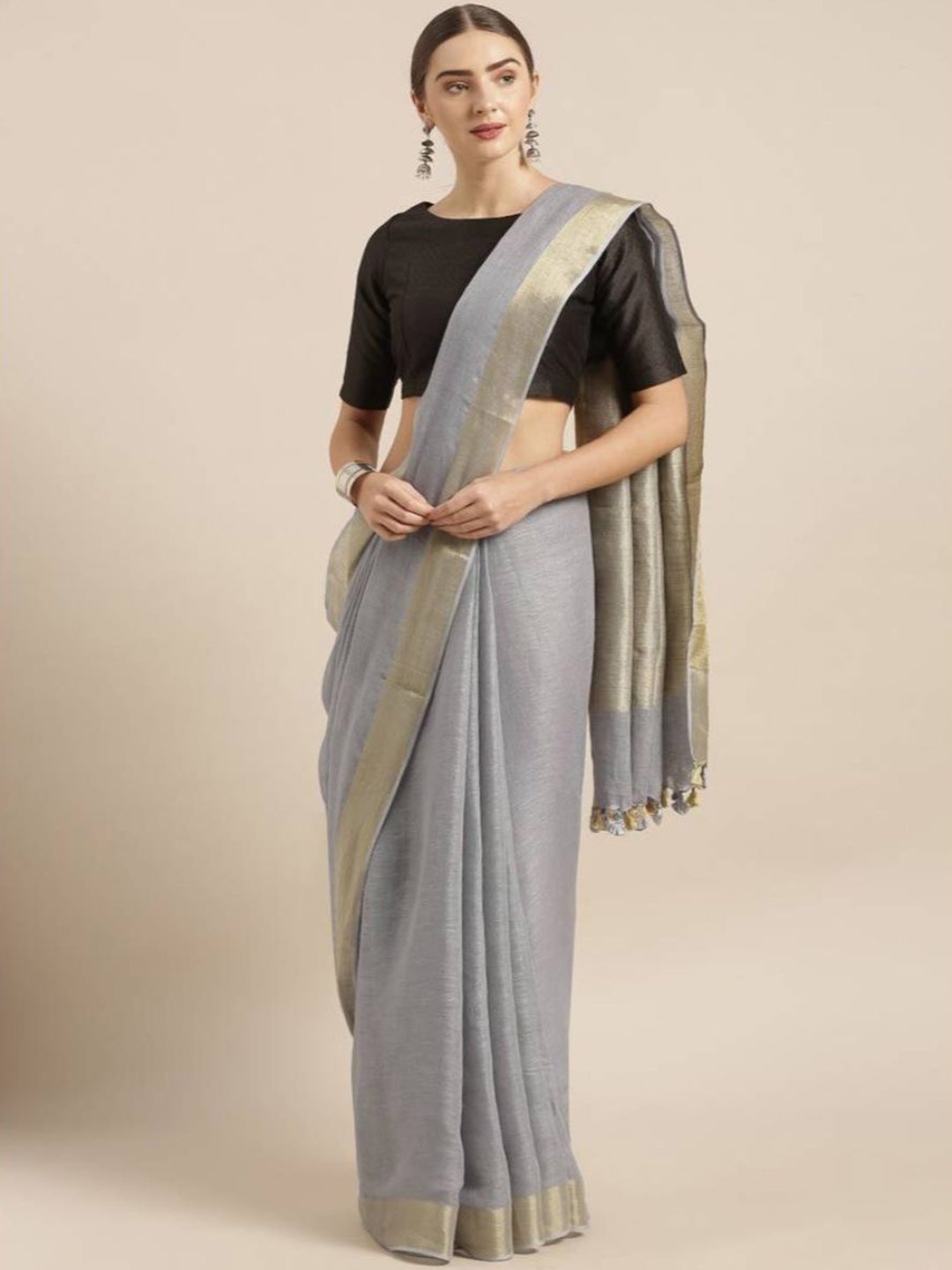 

Mirraw Grey Zari Pure Linen Fusion Saree