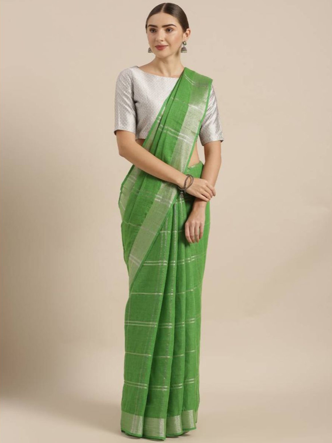 

Mirraw Green Checked Zari Pure Linen Fusion Saree