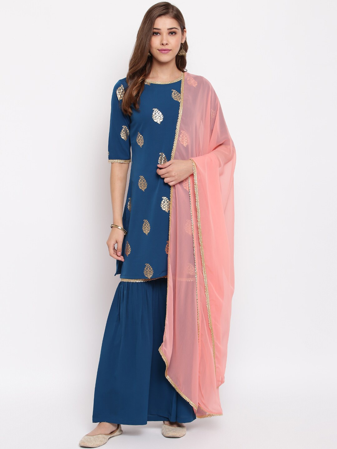 

Janasya Women Teal Foil Printed Kurta with Sharara & Dupatta