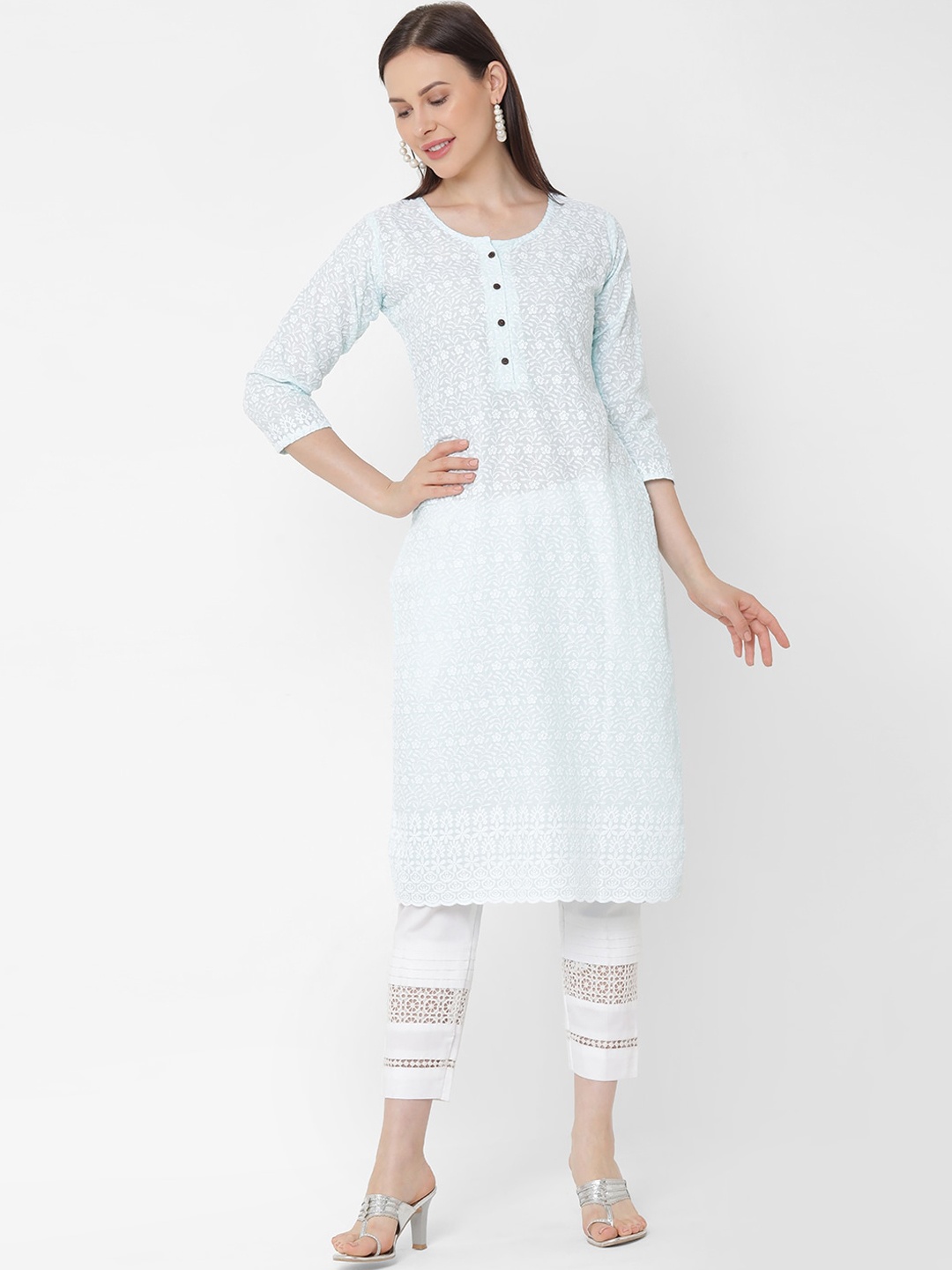 

ZOLA Women Turquoise Blue & White Floral Chikankari Floral Kurta