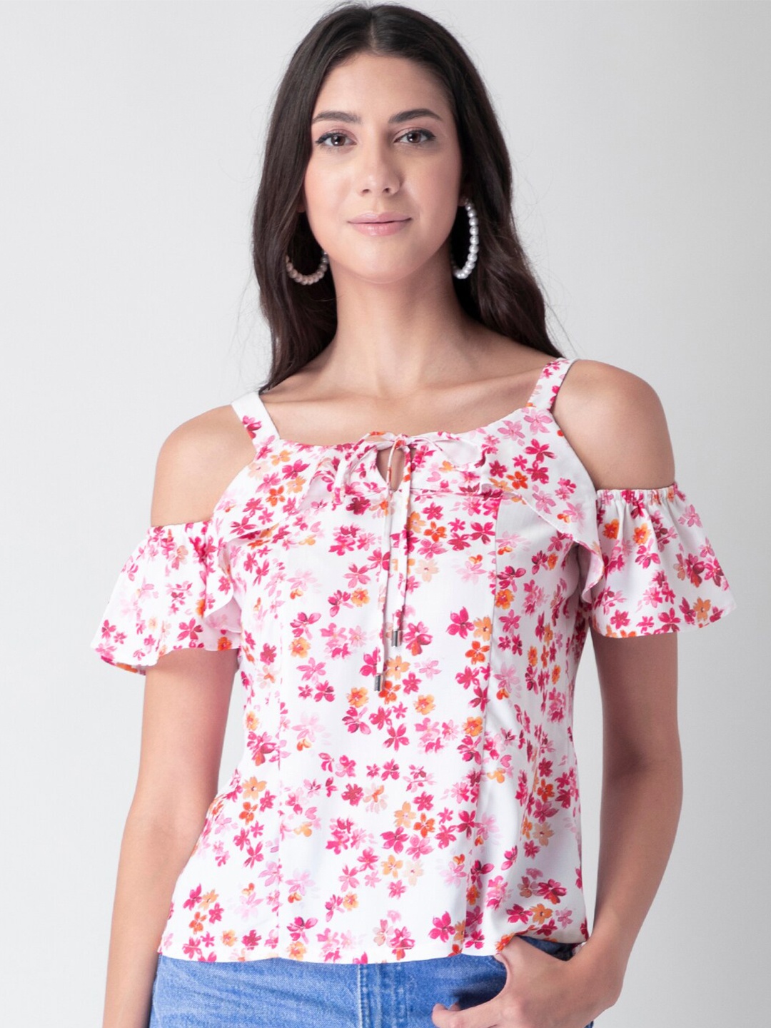 

FabAlley White & Pink Floral Tie-Up Neck Georgette Regular Top