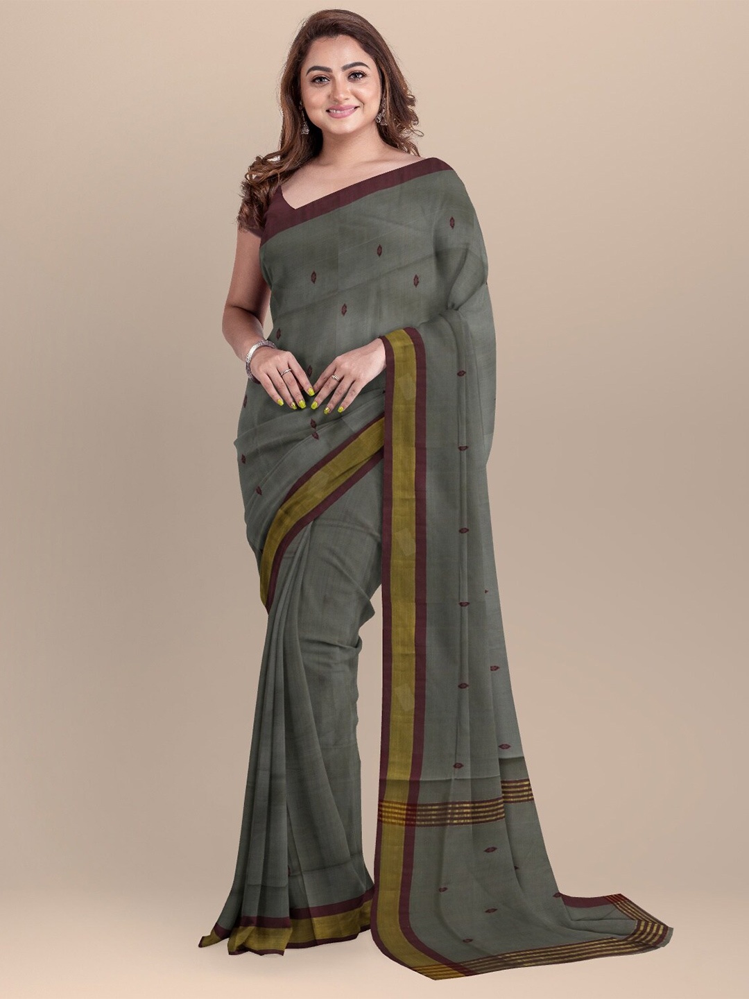 

APCO Grey & Brown Woven Design Zari Pure Cotton Saree