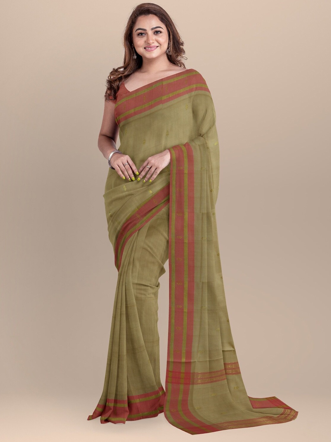 

APCO Camel Brown & Red Woven Design Zari Pure Cotton Saree