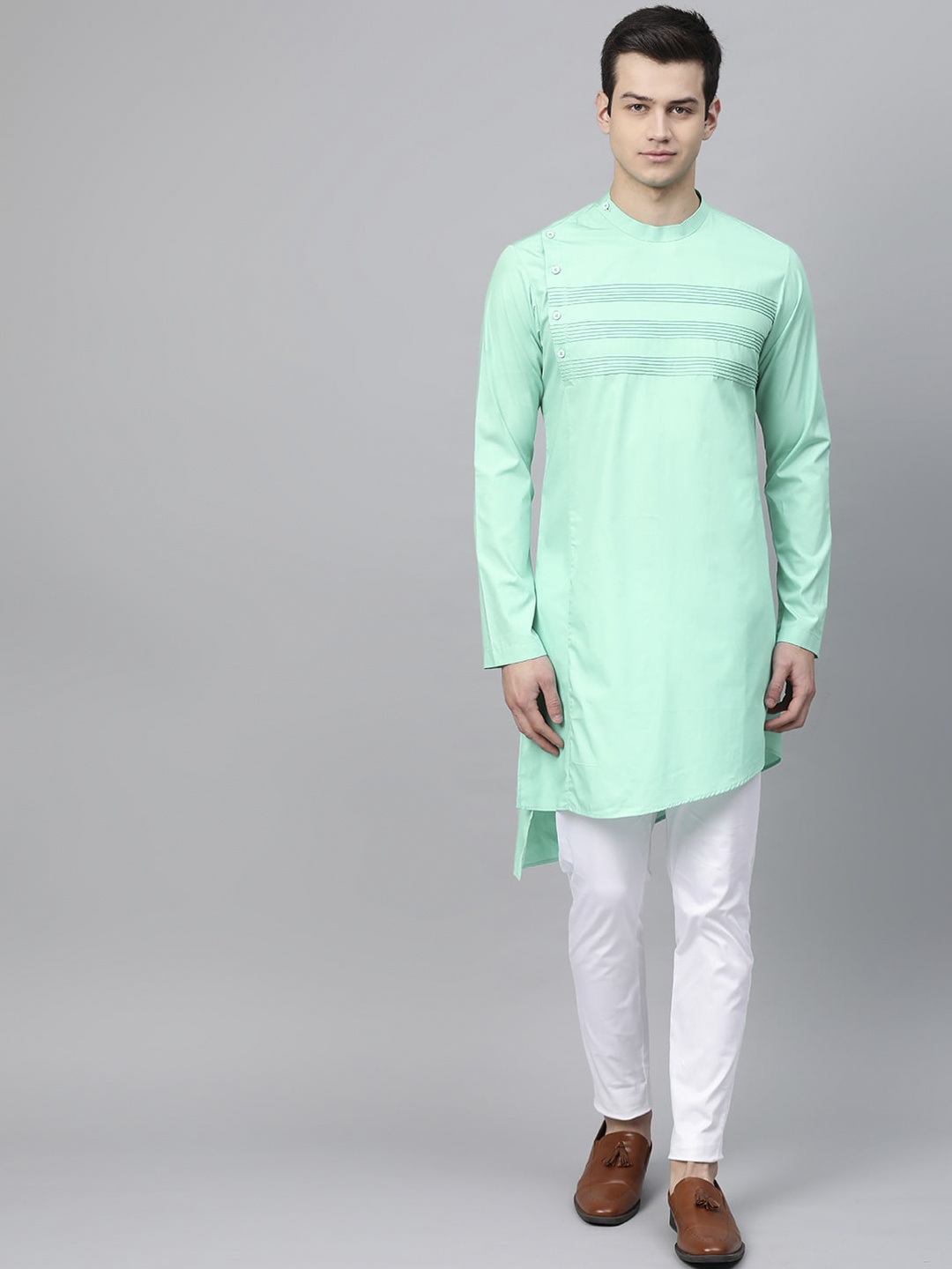 

See Designs Men Sea Green Pin Tucked Asymmetric Kurta