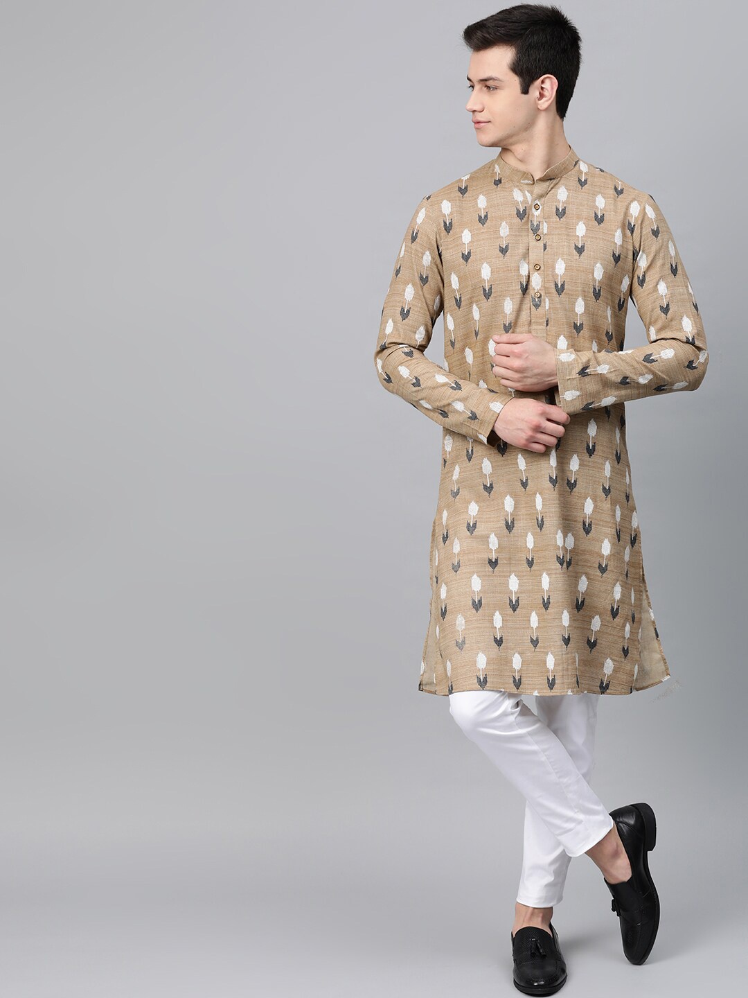 

See Designs Men Beige Floral Printed Pathani Kurta