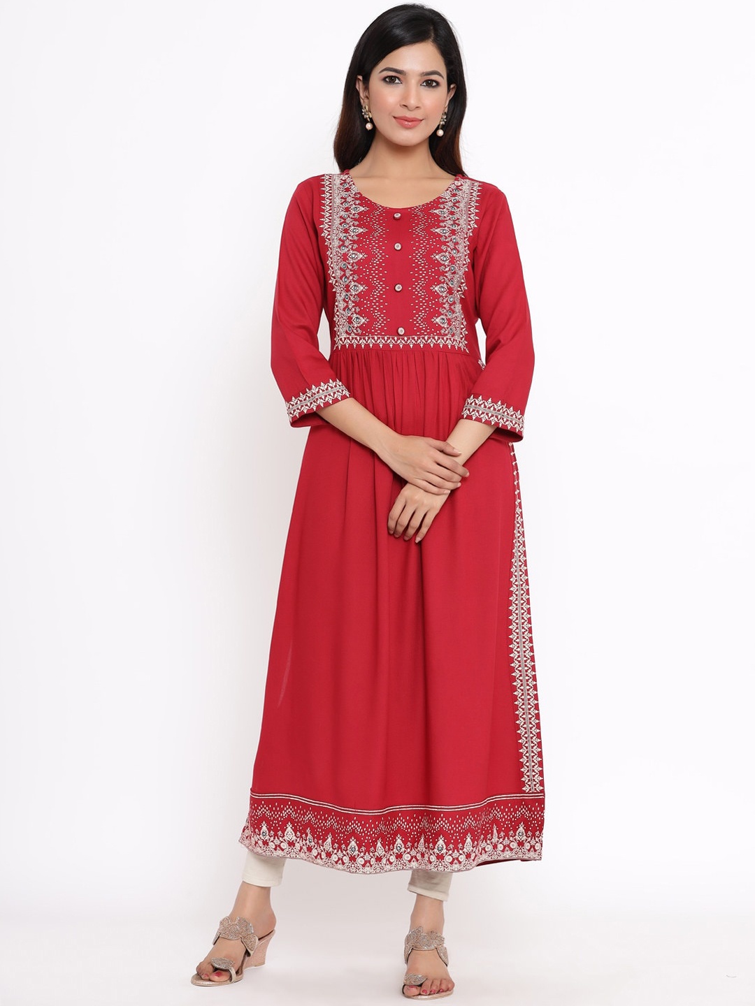 

ZOLA Women Red & White Ethnic Motifs Printed Anarkali Kurta