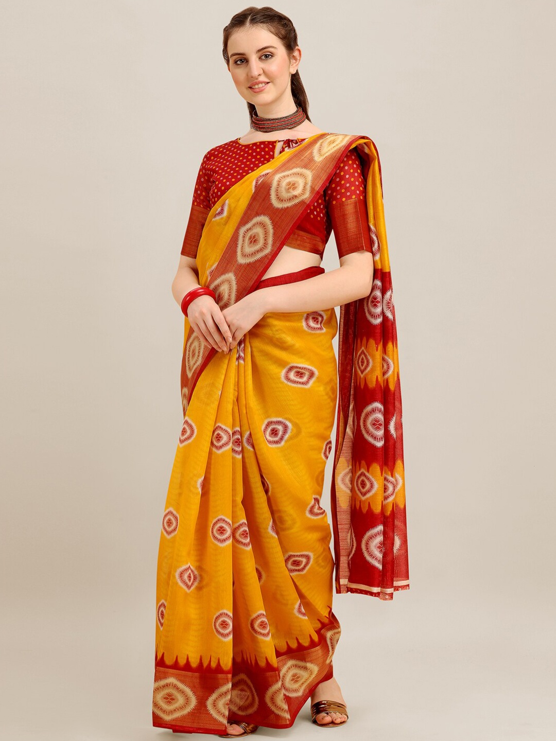 

KALINI Yellow & Red Printed Zari Saree