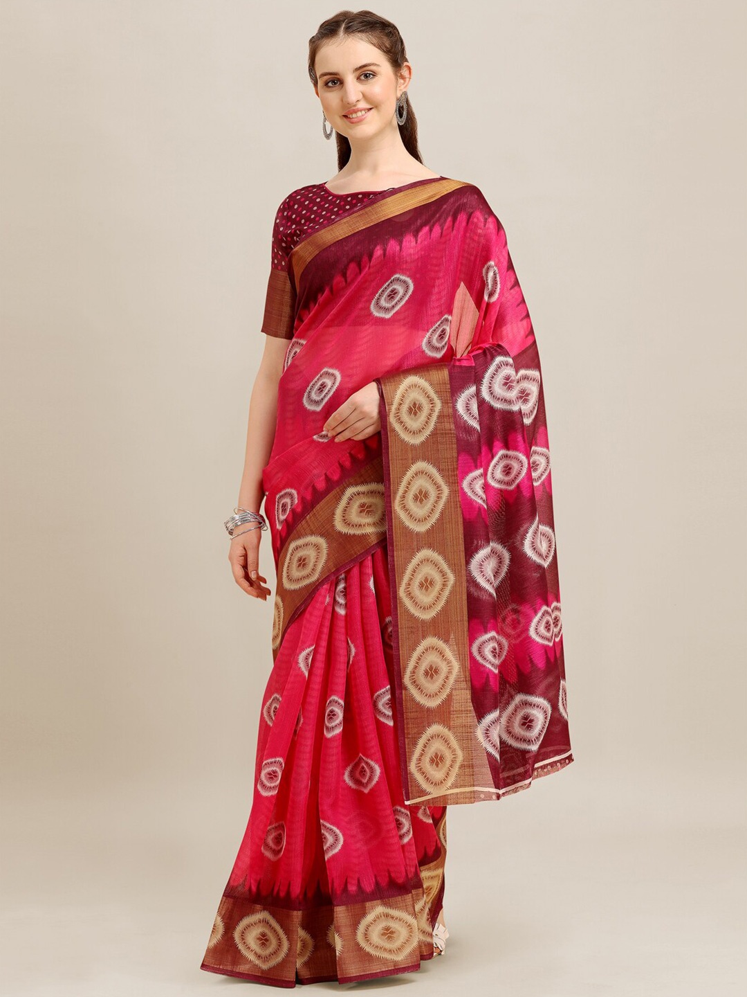 

KALINI Pink & Brown Printed Zari Saree