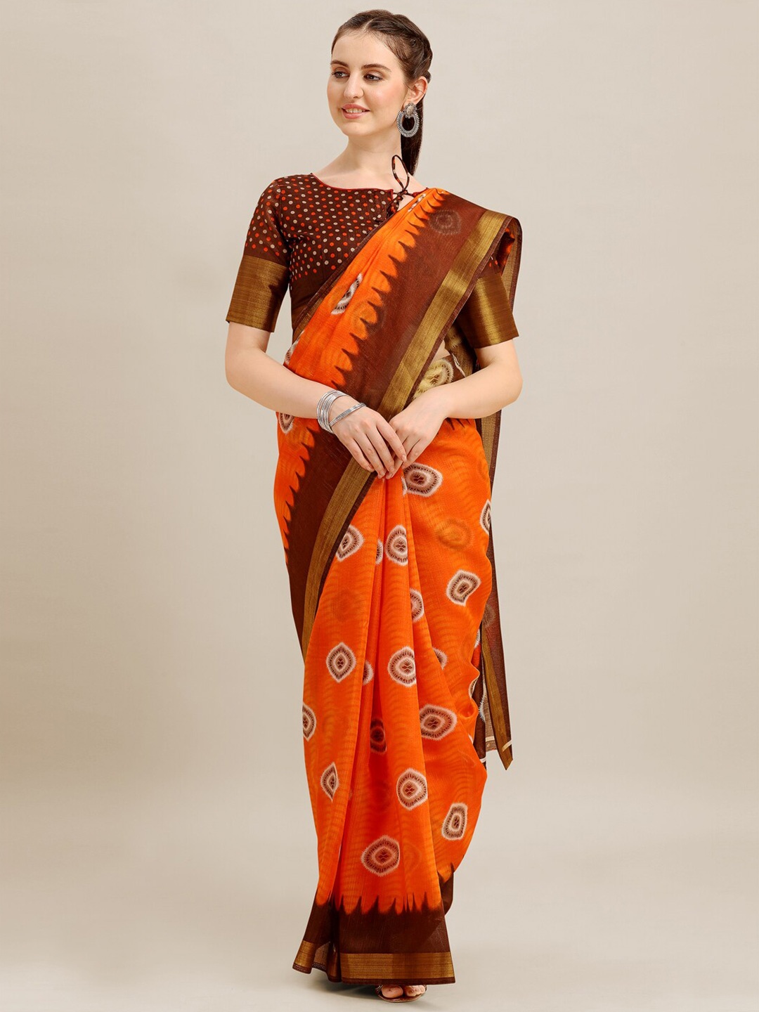 

KALINI Orange & Brown Printed Zari Saree