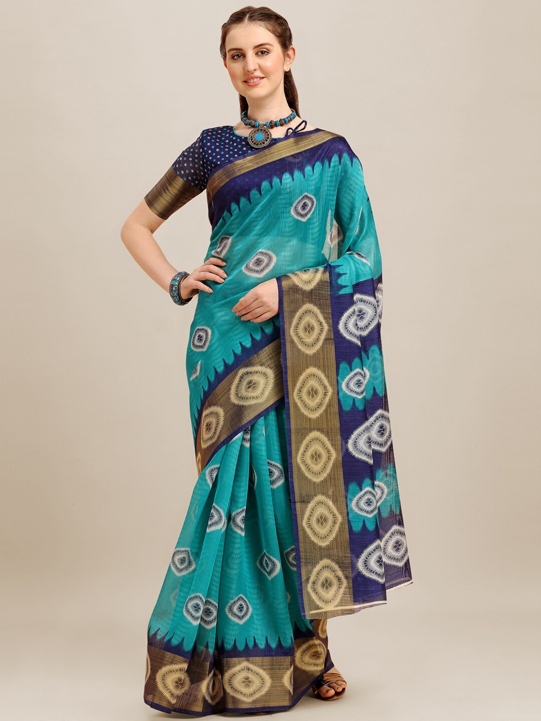 

KALINI Turquoise Blue & Gold-Toned Printed Zari Saree