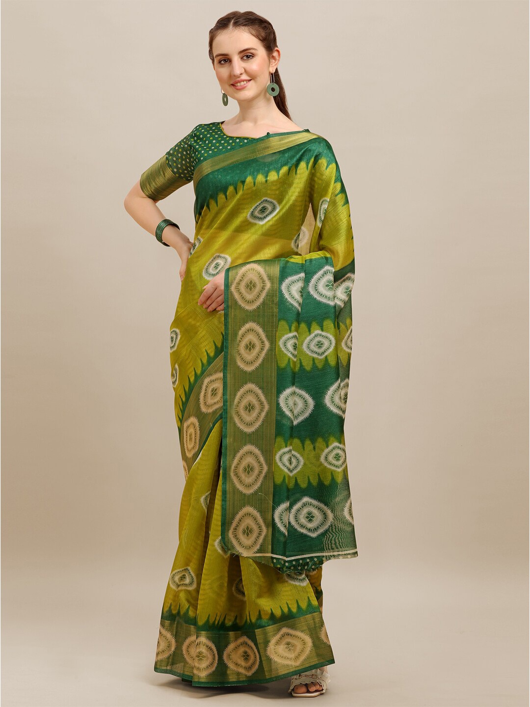 

KALINI Green & White Printed Saree